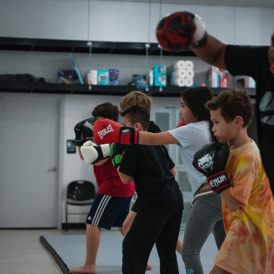 Youth martial arts class practicing together